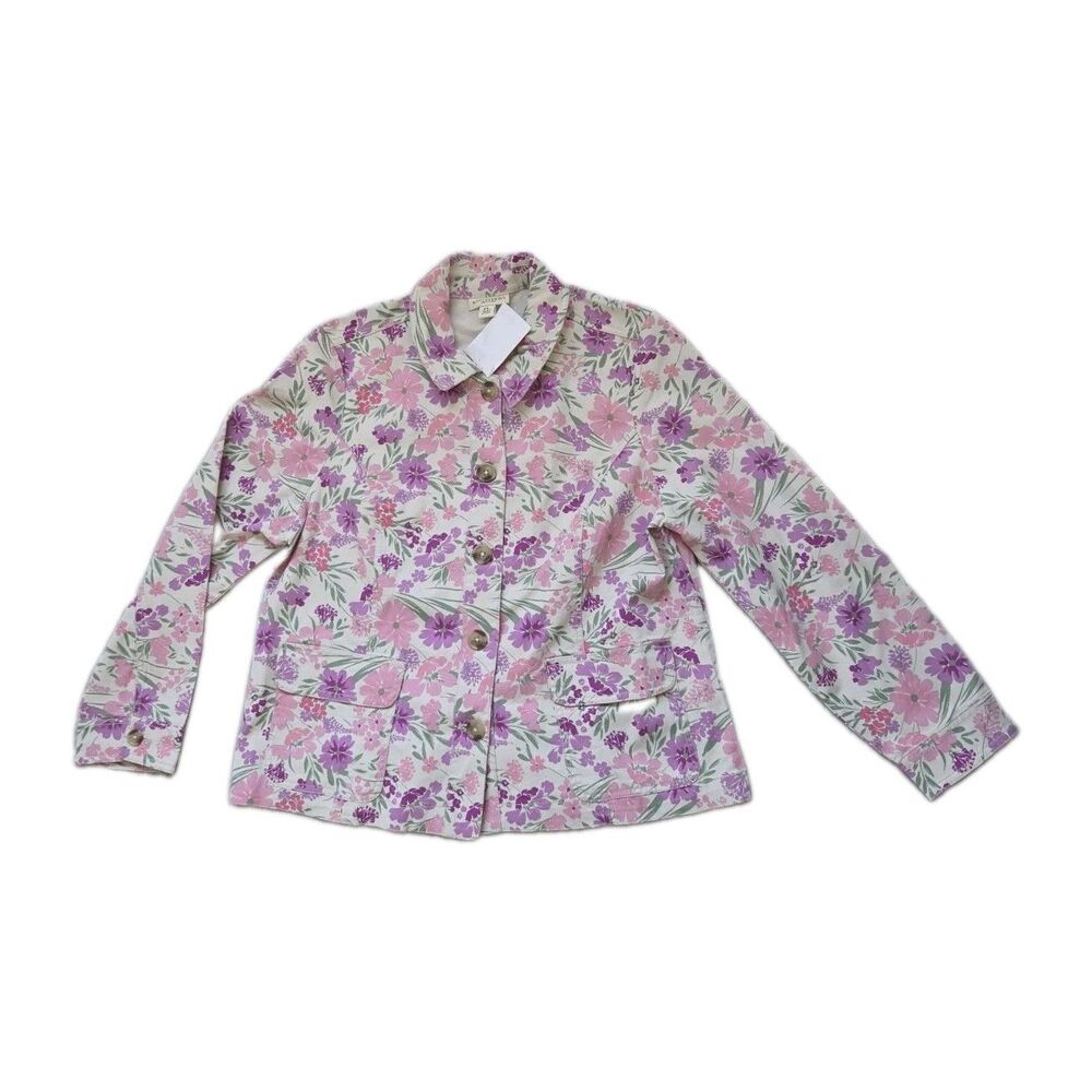 NWT Appleseed's Petites Pink Purple Floral Denim Button Front Jacket Blazer PL